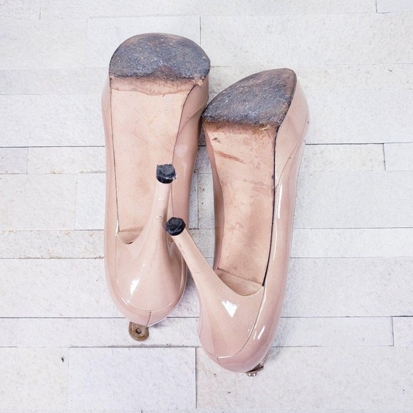 Stuart Weitzman Sandals Leather 8 M Beige Patent Platform Pump Heels Nude Peep - Picture 8 of 8